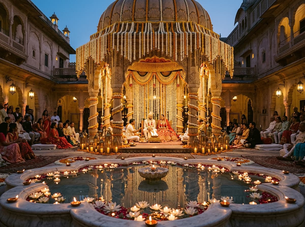 Luxury royal Indian wedding mandap ceremony in a heritage palace courtyard at twilight