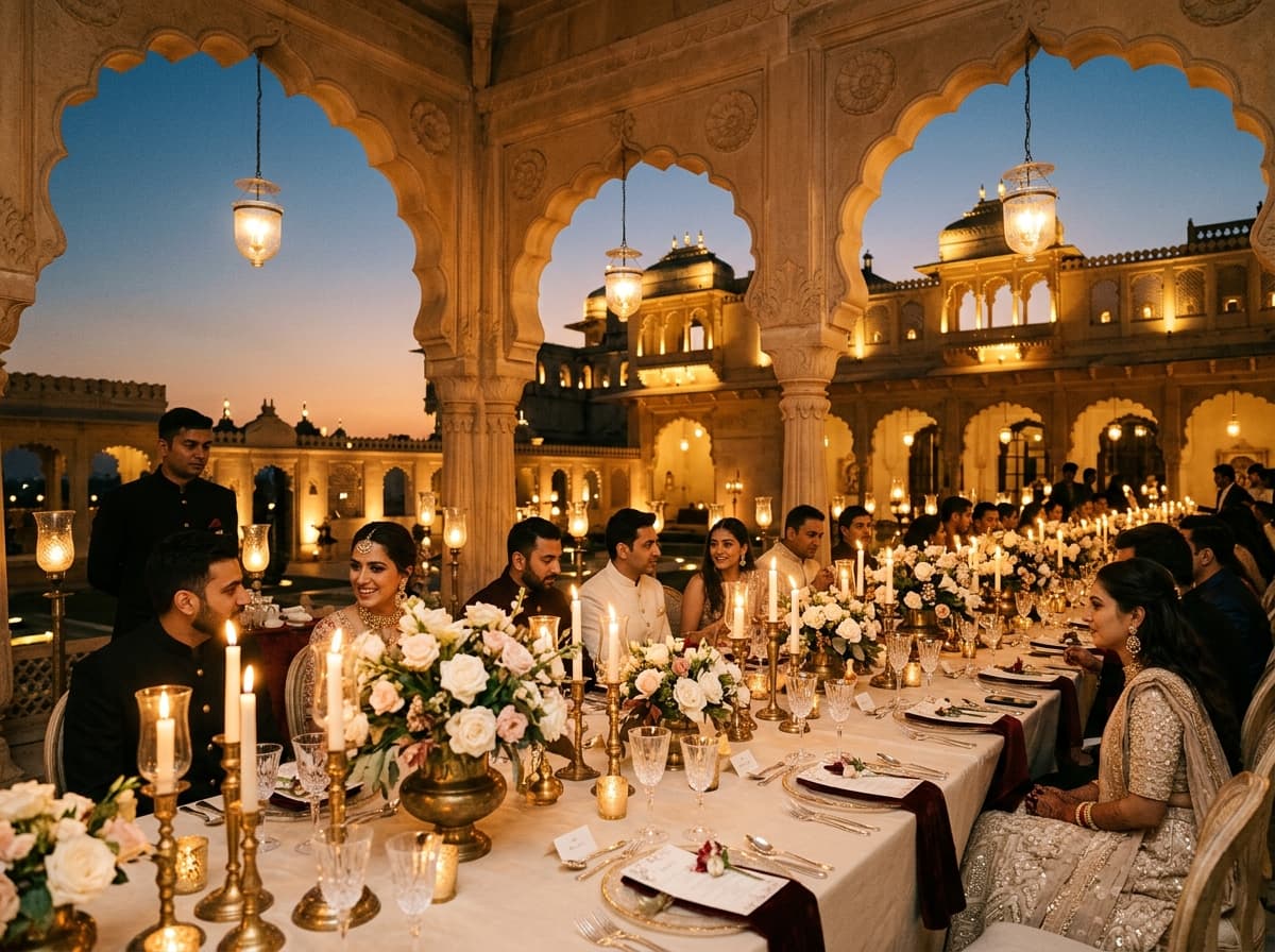 Bespoke luxury candlelit banquet dinner in a heritage Rajasthan palace courtyard