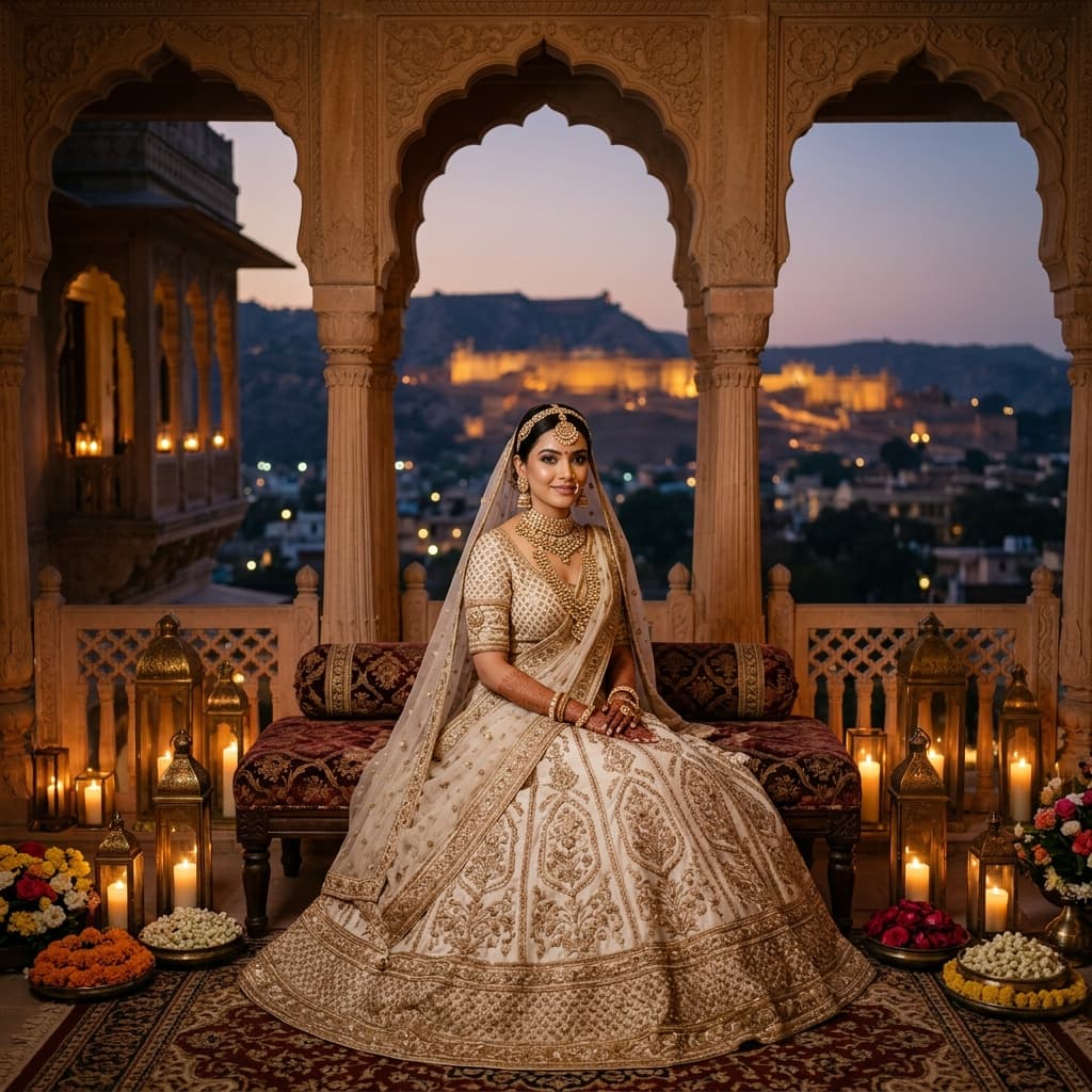 Portrait of Avantika Mehta in royal ivory wedding couture on a palace balcony