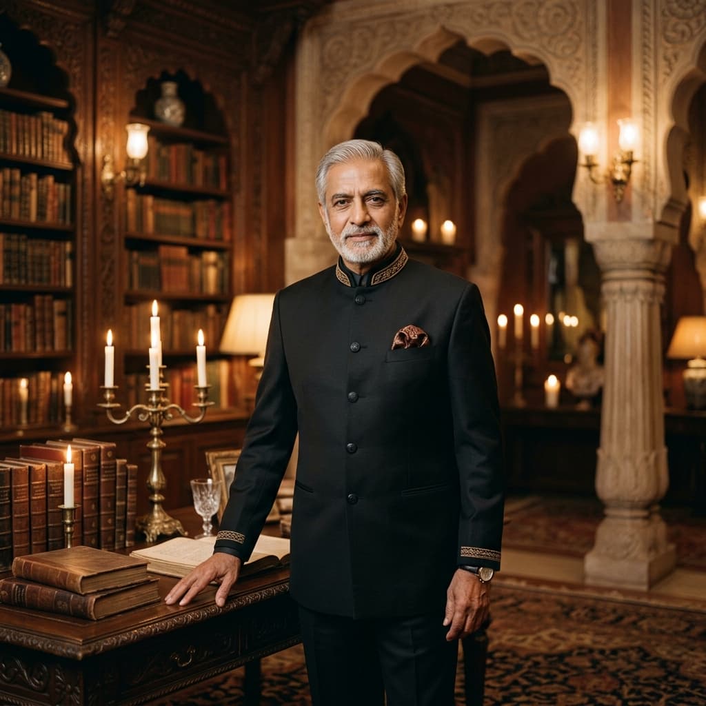 Portrait of distinguished patron Vikramaditya Singhania in formal bandhgala