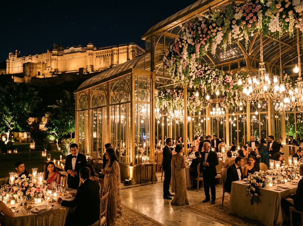 Monumental luxury glasshouse conservatory pavilion event with illuminated fort in the background