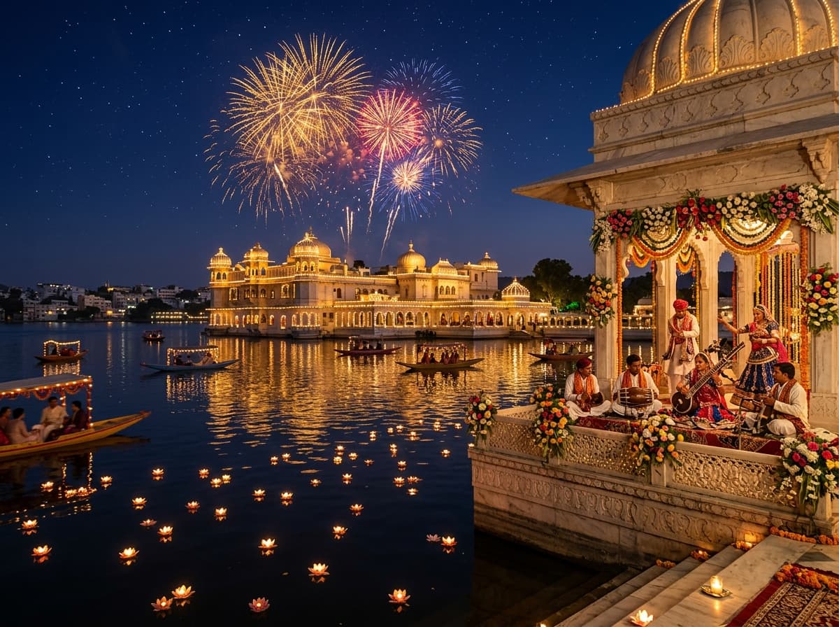 Twilight view of Jagmandir Island Palace with musicians on marble pavilion and fireworks in sky