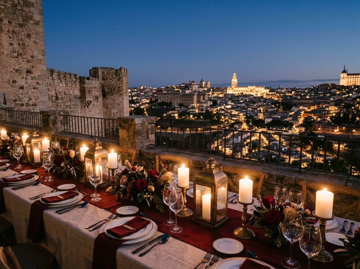 Luxury corporate gala banquet table on ancient stone fortress ramparts overlooking an illuminated city