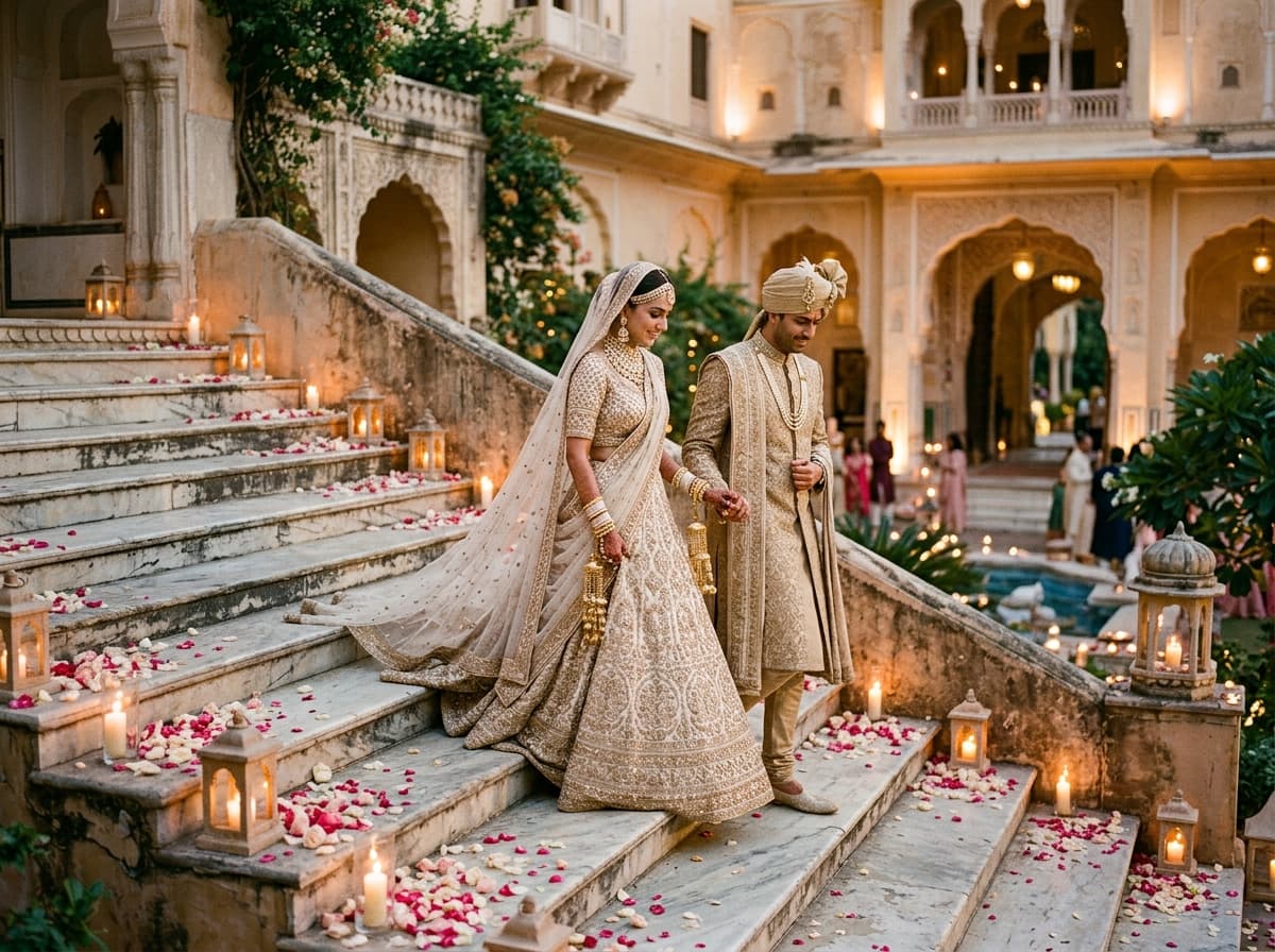 High-fashion Indian wedding couple walking down candlelit marble palace steps at golden hour