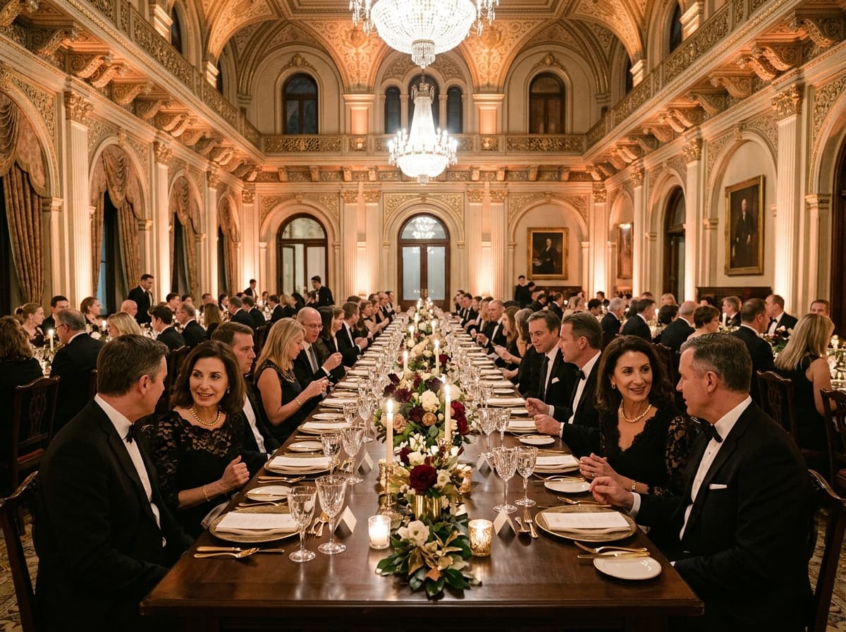 Prestigious corporate gala dinner in a grand gilded palace ballroom with long dark wood tables