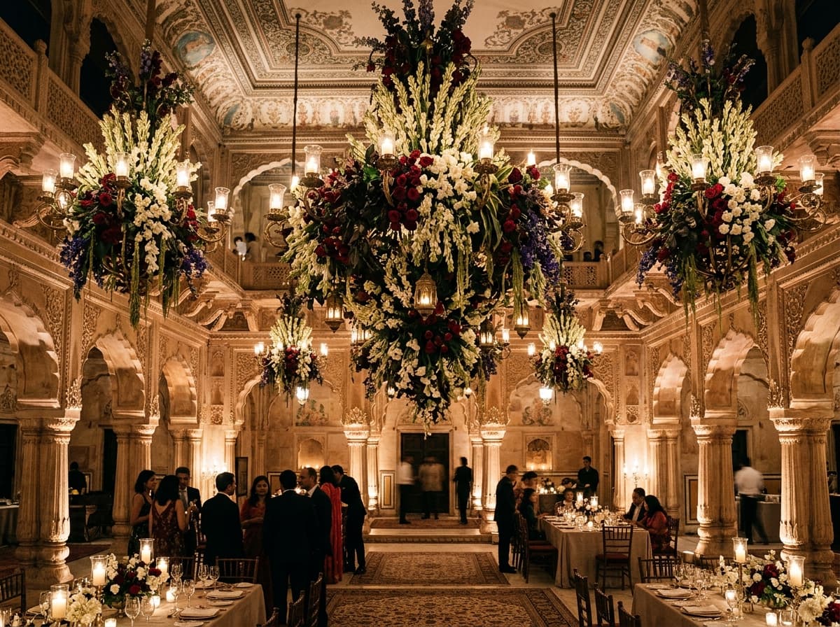 Monumental floral chandeliers and spatial scenography in an opulent palace ballroom