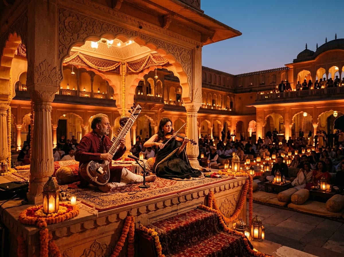 Classical Indian sitar and violin fusion artists performing on an elevated candlelit palace stage