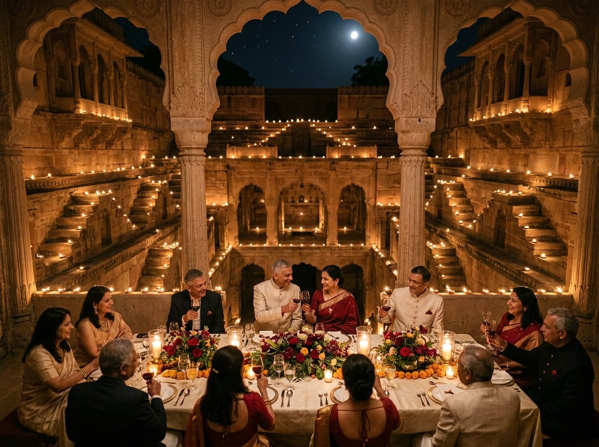 Intimate milestone anniversary celebration in a candlelit stone stepwell courtyard under the stars
